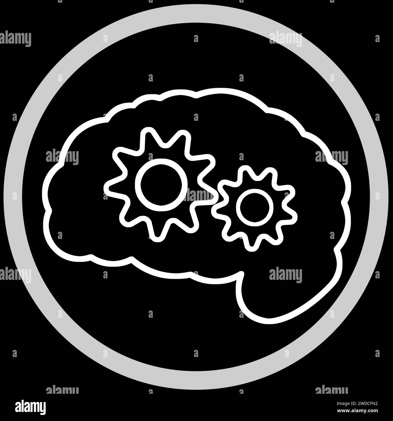 Brain with gears in frame, illustration on black background Stock Photo