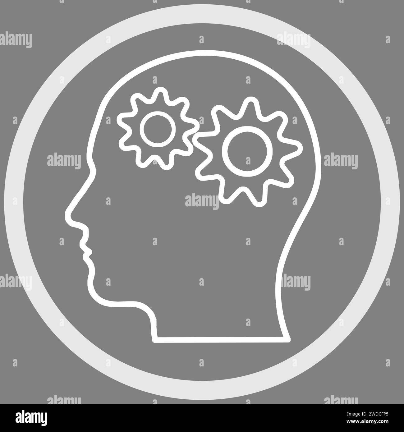 Human head with gears in frame, illustration on grey background Stock ...