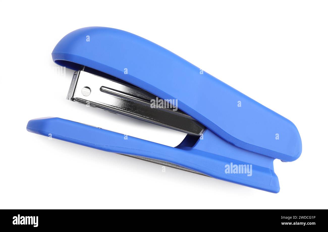 One blue stapler isolated on white, top view Stock Photo