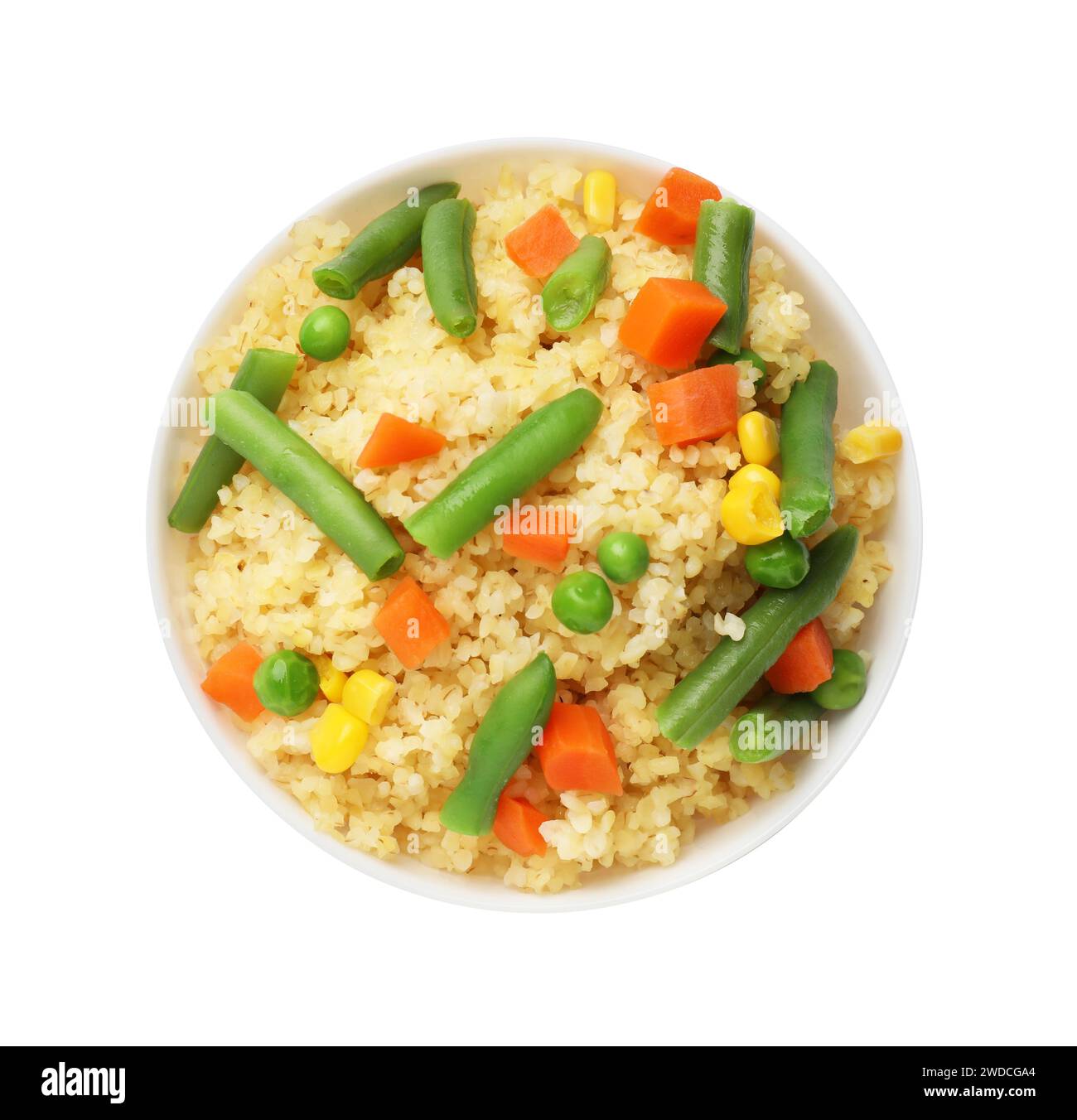 Bulgerty Eatable Delicious bulgur with vegetables in bowl isolated on white, top view ...