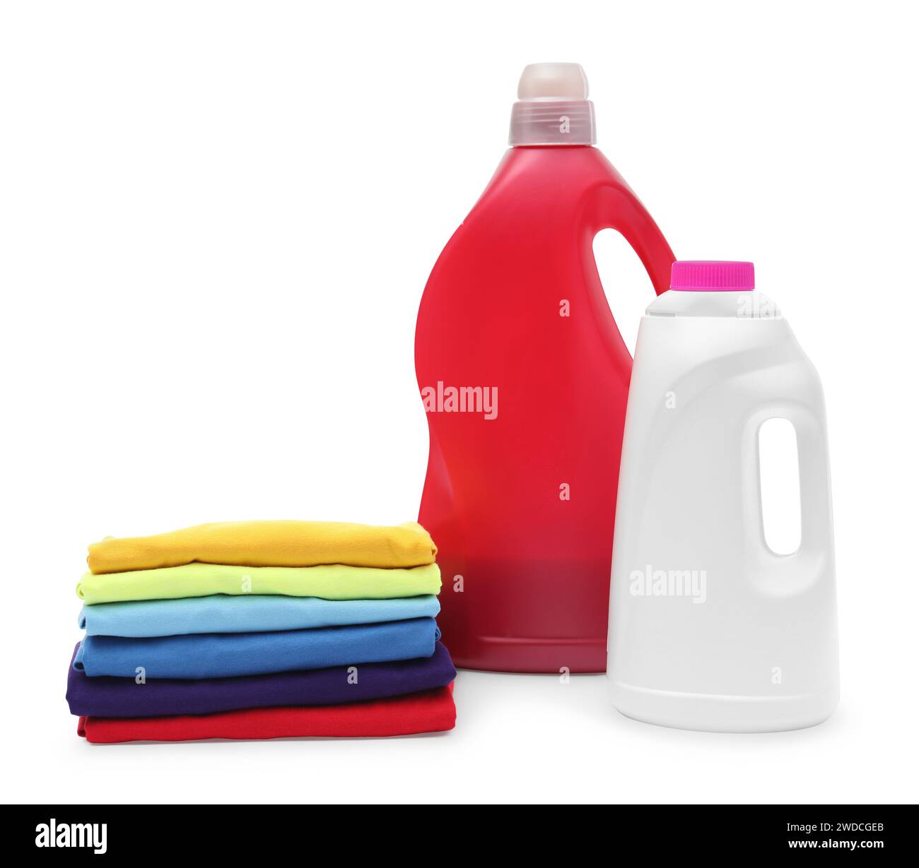 Stack of baby clothes and laundry detergents isolated on white Stock