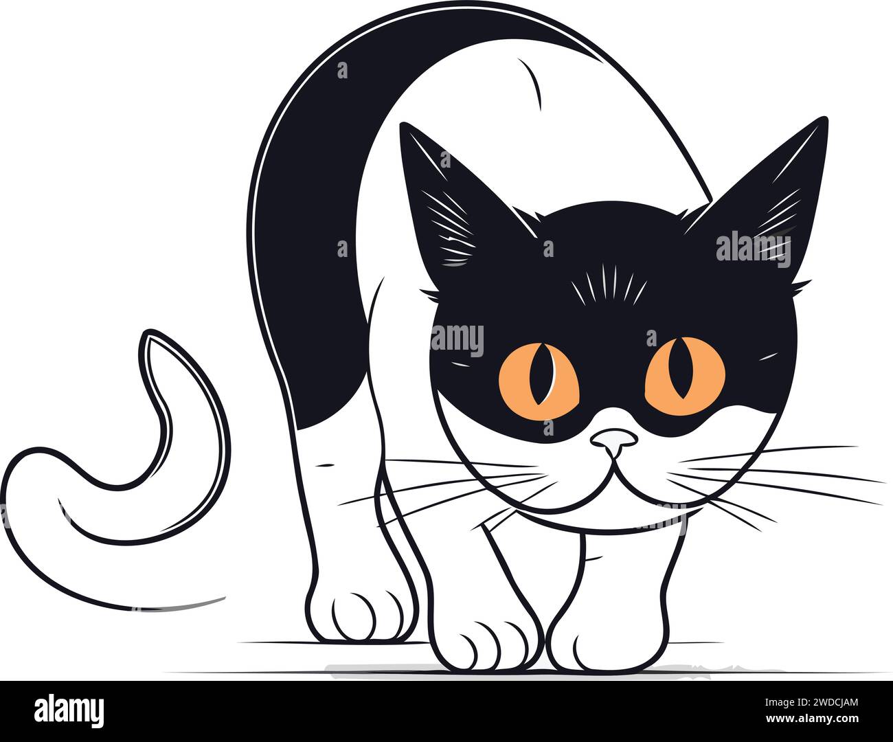 Cute cartoon black and white cat with big eyes. Vector illustration