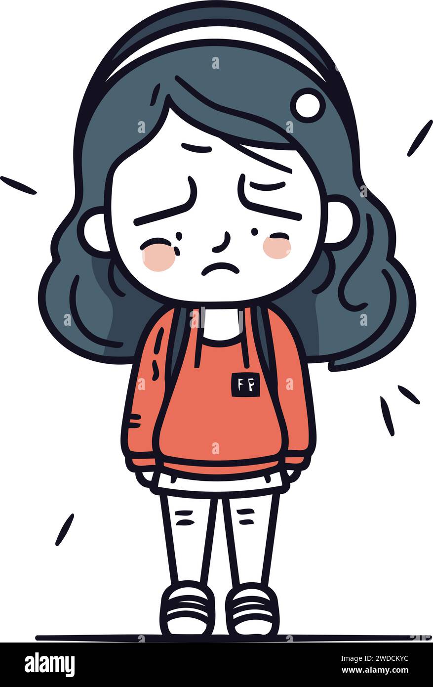 Illustration of a Little Girl Crying and Wearing Headphones Stock