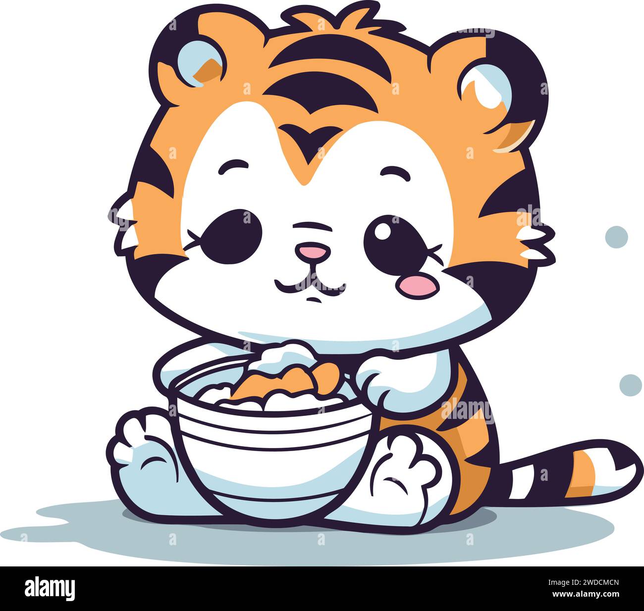 Cute cartoon tiger eating a bowl of food. Vector illustration Stock