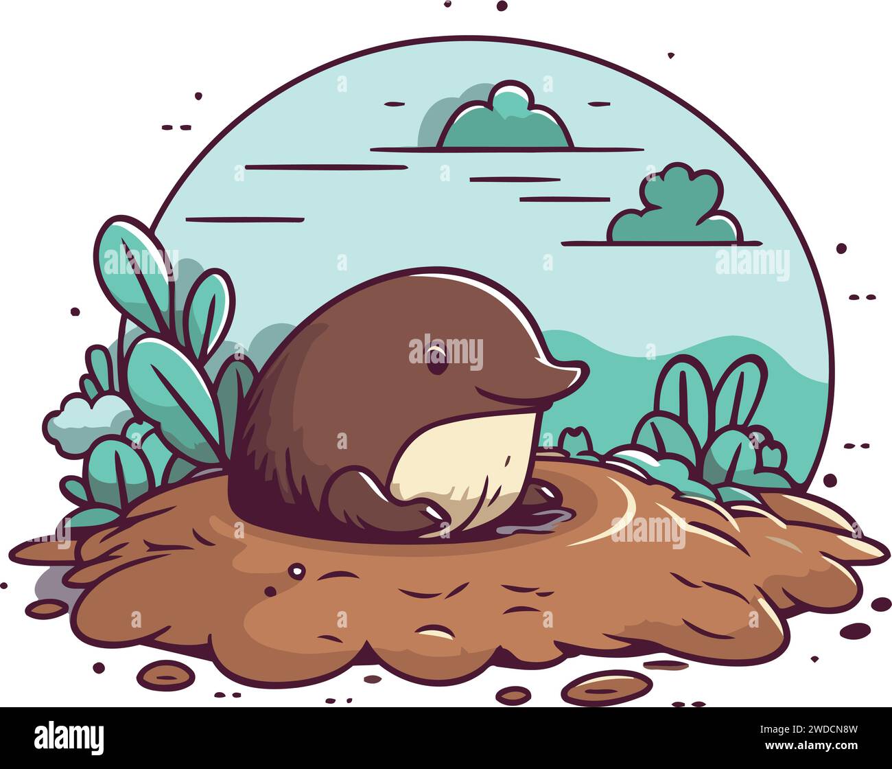 Cute cartoon sea otter in a hole. Vector illustration Stock Vector