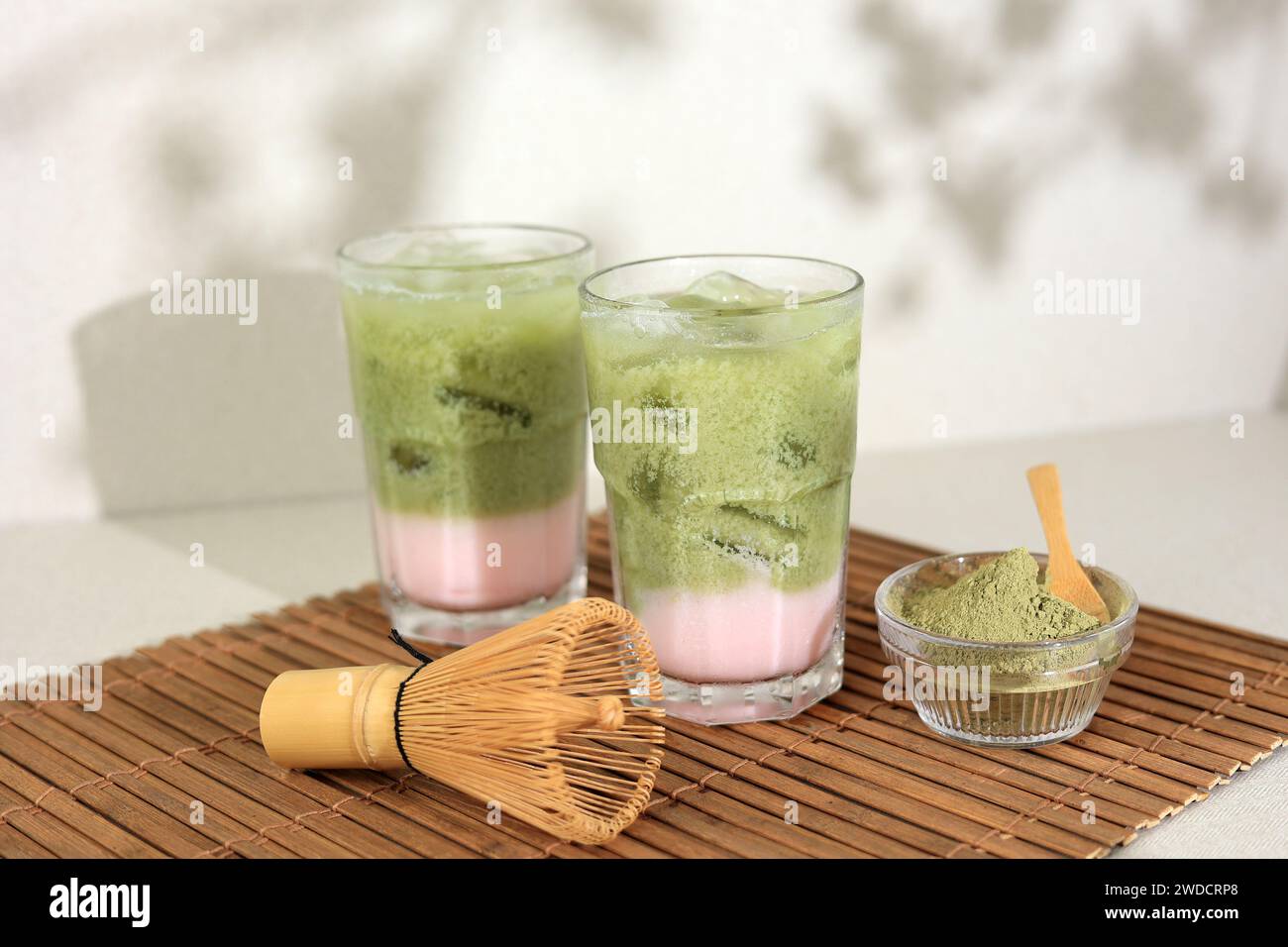 Two Glass Iced Sakura Green Tea Milk Stock Photo