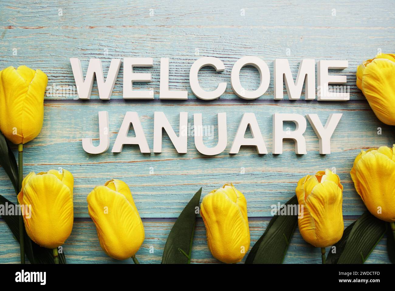 Welcome January alphabet letters with tulip flower on wooden background ...