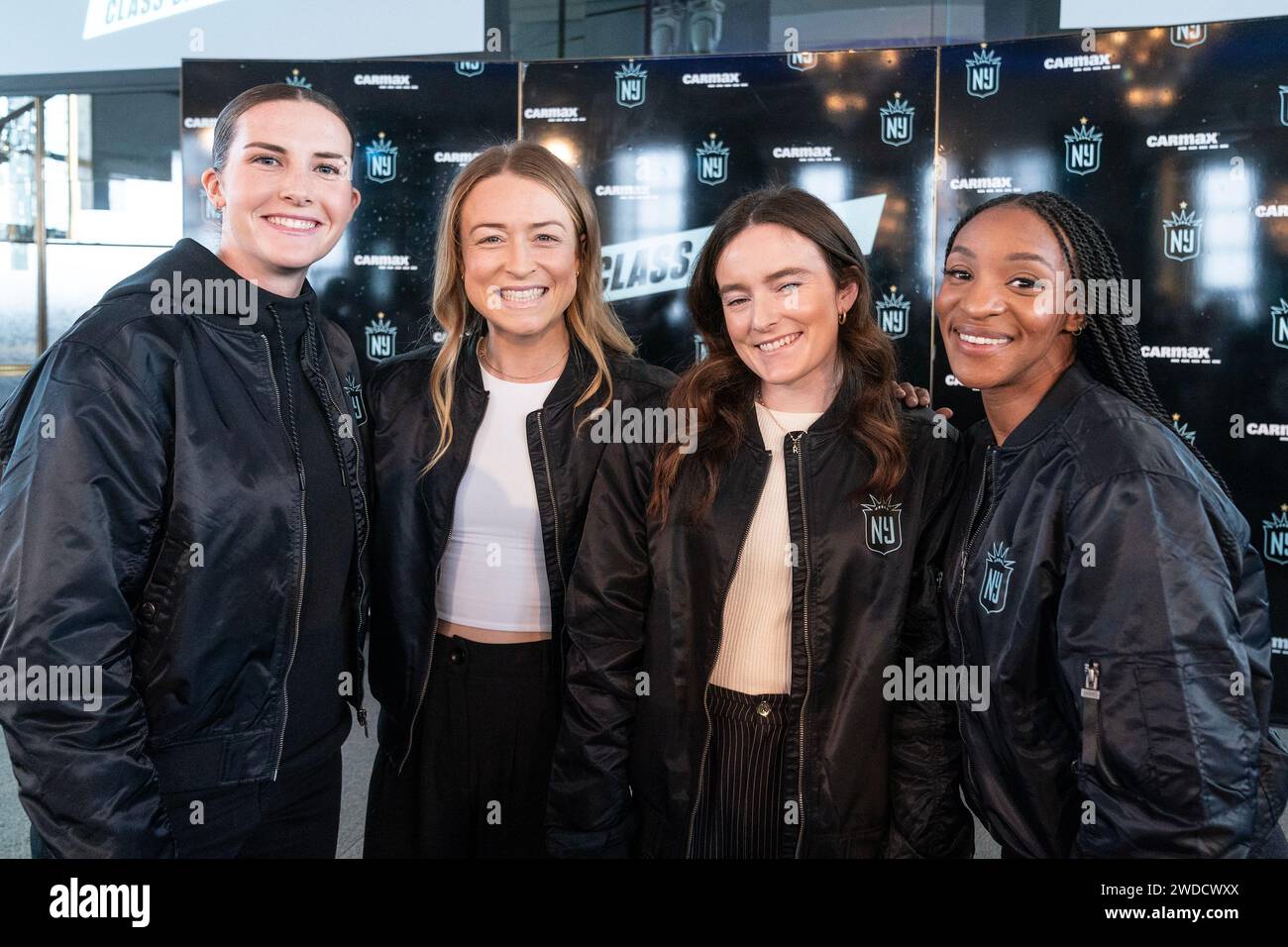 New York, USA. 19th Jan, 2024. Tierna Davidson, Emily Sonnett, Rose Lavelle, Crystal Dunn pose after Gotham FC introduced them as class 2024 new players of the team at Rainbow Room at Rockefeller Center in New York on January 19, 2024. Introduction and press conference was attended by Juan Carlos Amoros, Gotham FC Head Coach, Yael Averbuch West, Gotham FC GM & Head of Soccer Operations and NWSL Commissioner Jessica Berman. (Photo by Lev Radin/Sipa USA) Credit: Sipa USA/Alamy Live News Stock Photo