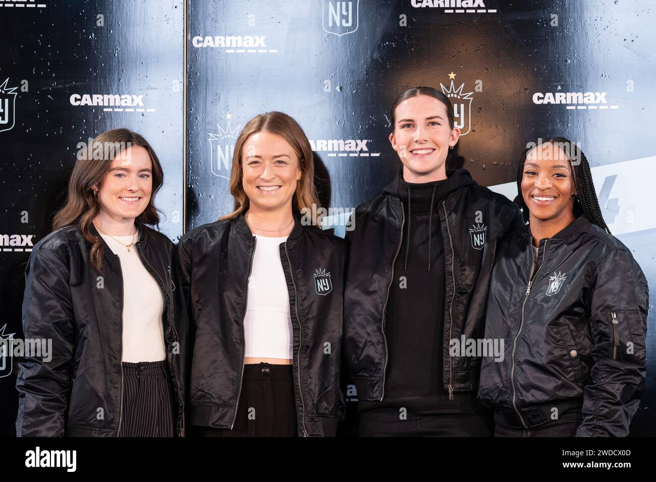 New York, USA. 19th Jan, 2024. Rose Lavelle, Emily Sonnett, Tierna Davidson, Crystal Dunn pose after Gotham FC introduced them as class 2024 new players of the team at Rainbow Room at Rockefeller Center in New York on January 19, 2024. Introduction and press conference was attended by Juan Carlos Amoros, Gotham FC Head Coach, Yael Averbuch West, Gotham FC GM & Head of Soccer Operations and NWSL Commissioner Jessica Berman. (Photo by Lev Radin/Sipa USA) Credit: Sipa USA/Alamy Live News Stock Photo