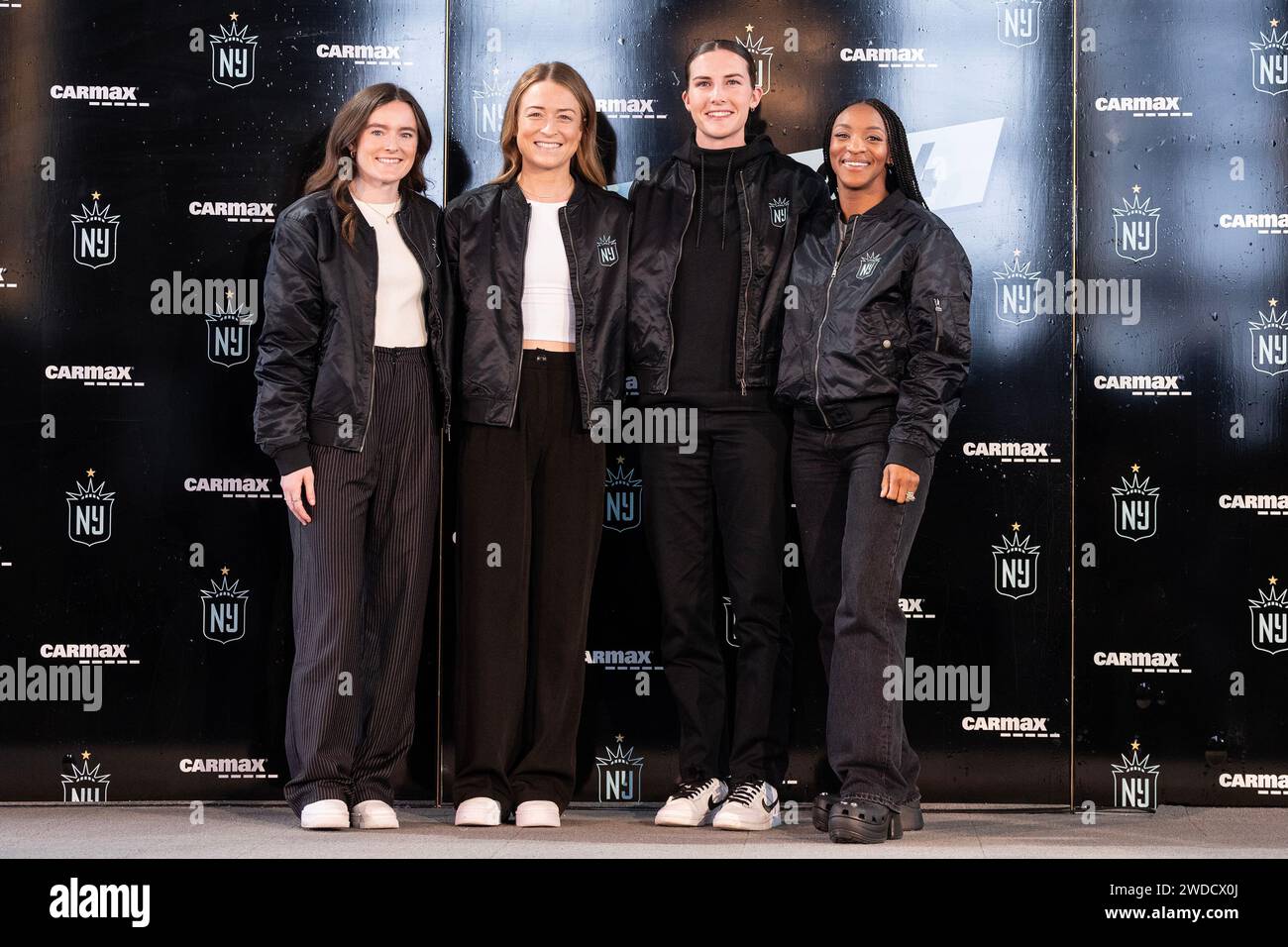 New York, USA. 19th Jan, 2024. Rose Lavelle, Emily Sonnett, Tierna Davidson, Crystal Dunn pose after Gotham FC introduced them as class 2024 new players of the team at Rainbow Room at Rockefeller Center in New York on January 19, 2024. Introduction and press conference was attended by Juan Carlos Amoros, Gotham FC Head Coach, Yael Averbuch West, Gotham FC GM & Head of Soccer Operations and NWSL Commissioner Jessica Berman. (Photo by Lev Radin/Sipa USA) Credit: Sipa USA/Alamy Live News Stock Photo