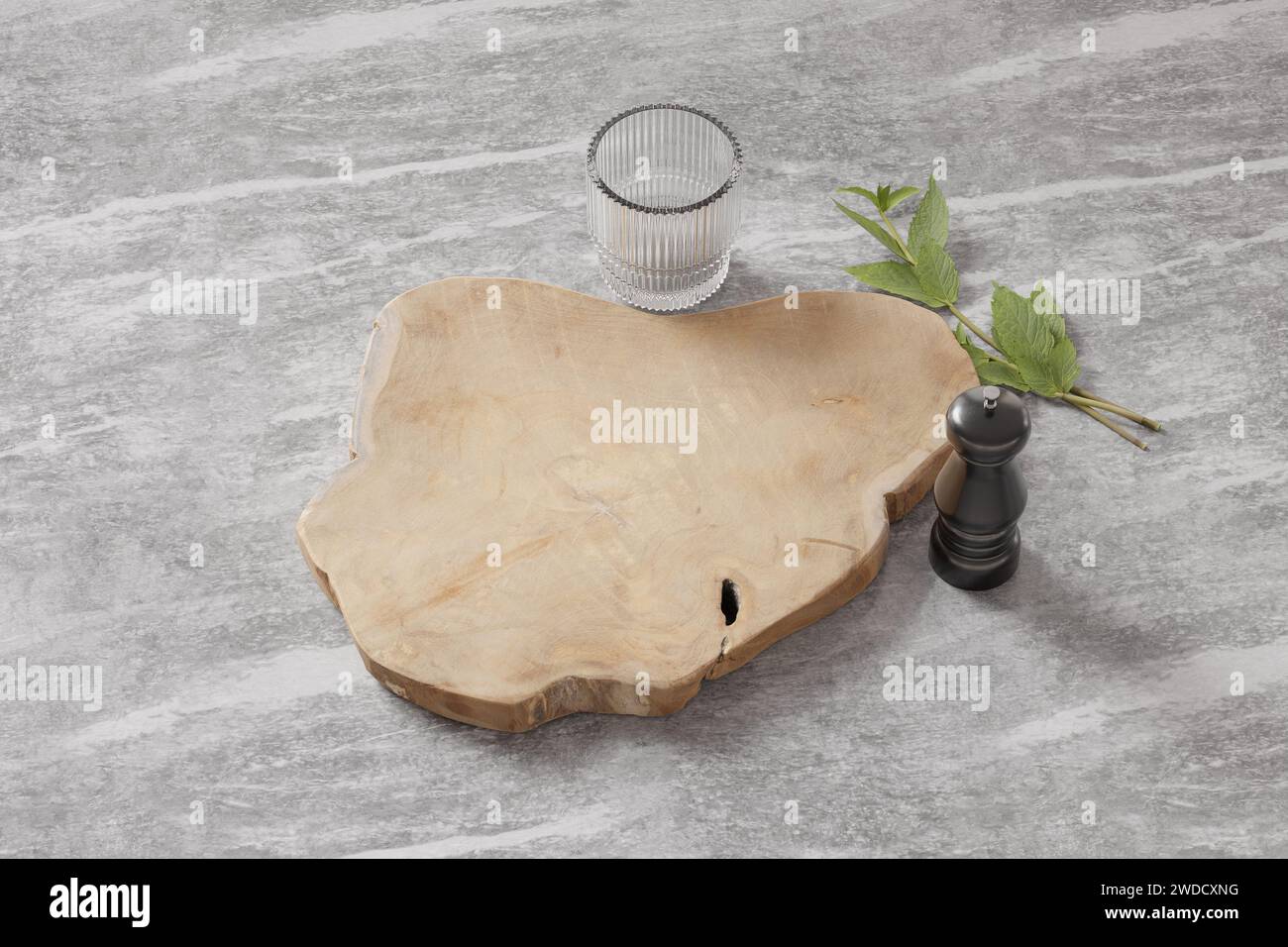 Cutting board on a wooden table. Culinary background. Empty wooden cutting board, product display space. Stock Photo