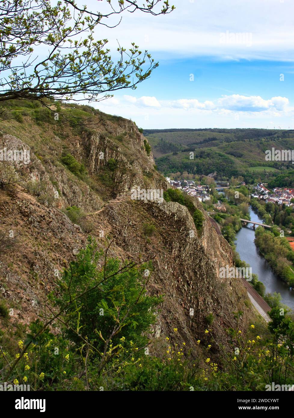 Cliff at Rotenfels overlooking the Nahe River on a spring afternoon in Rhineland Palatinate, Germany. Stock Photo