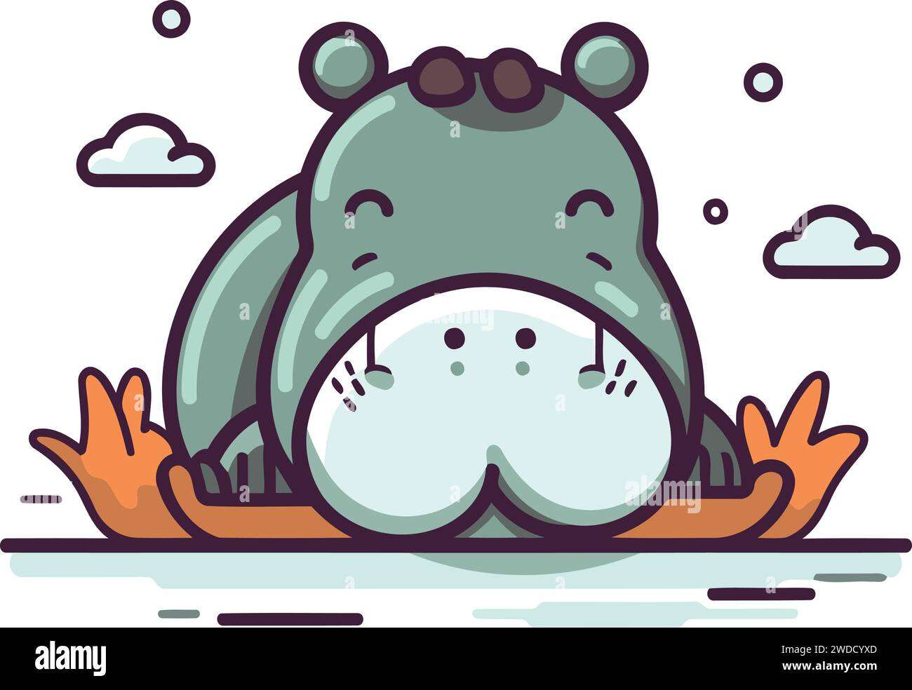 Hippopotamus sleeping on the ground. Cute cartoon character. Vector