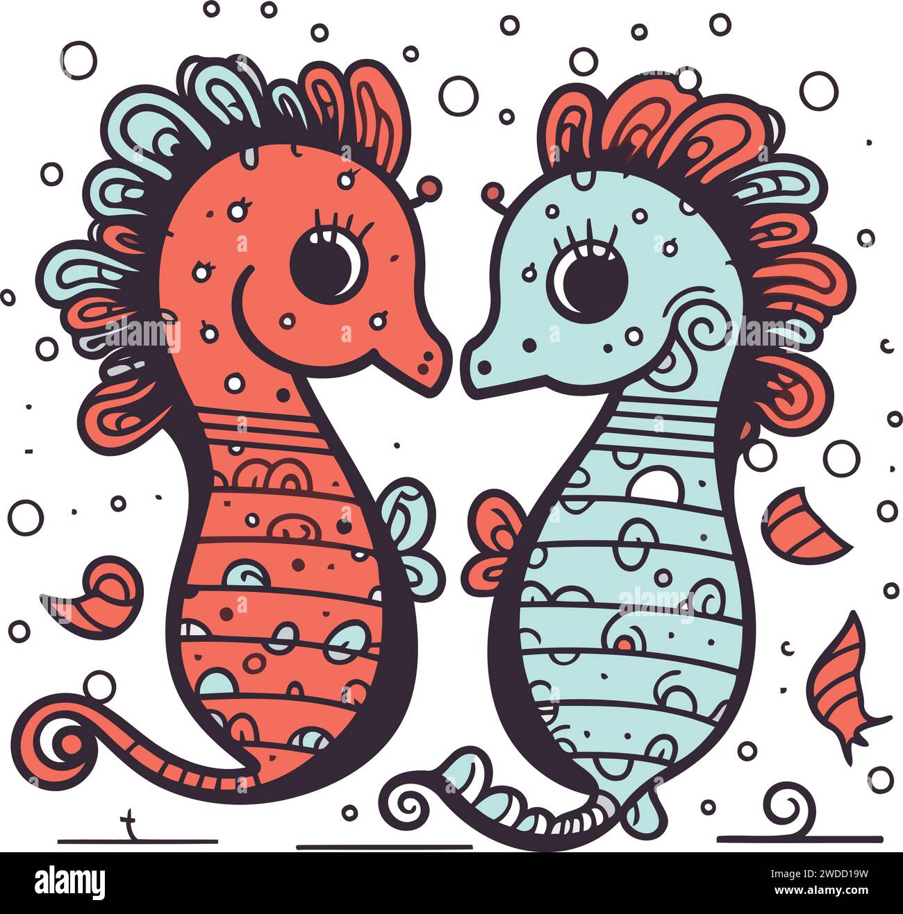 Two seahorses in doodle style. Vector illustration Stock Vector Image ...