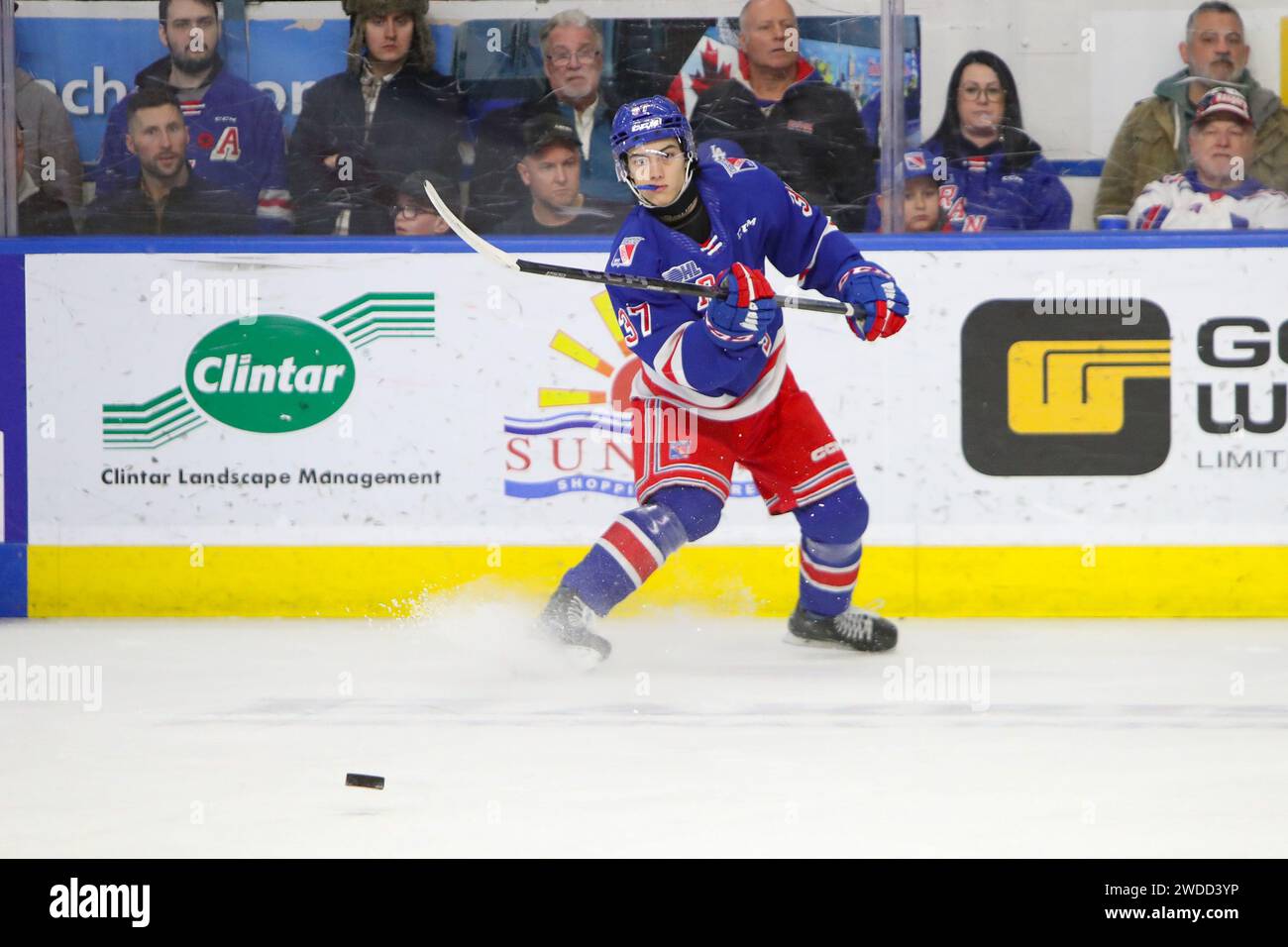 Kitchener, Canada. 19th Jan, 2024. Kitchener Ontario Canada, Jan 19 2024, The London Knights extend their winning streak to 13 games with a win over Kitchener. (Editorial Only) Tanner Lam(37) of the Kitchener Rangers. Credit: Luke Durda/Alamy Live News Stock Photo