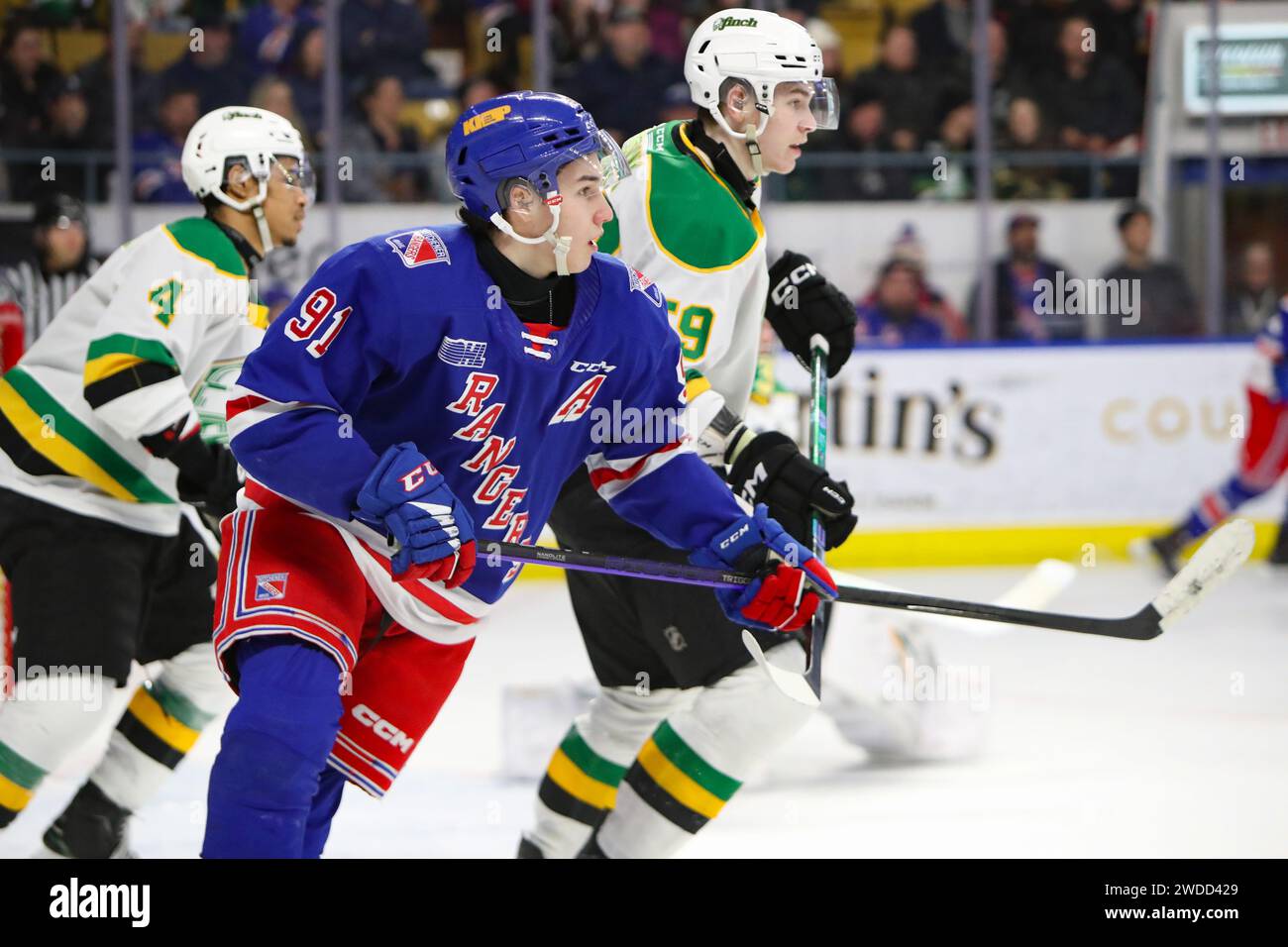 Kitchener Canada 19th Jan 2024 Kitchener Ontario Canada Jan 19   Kitchener Canada 19th Jan 2024 Kitchener Ontario Canada Jan 19 2024 The London Knights Extend Their Winning Streak To 13 Games With A Win Over Kitchener Editorial Only Matthew Sop91 Of The Kitchener Rangers Credit Luke Durdaalamy Live News 2WDD429 