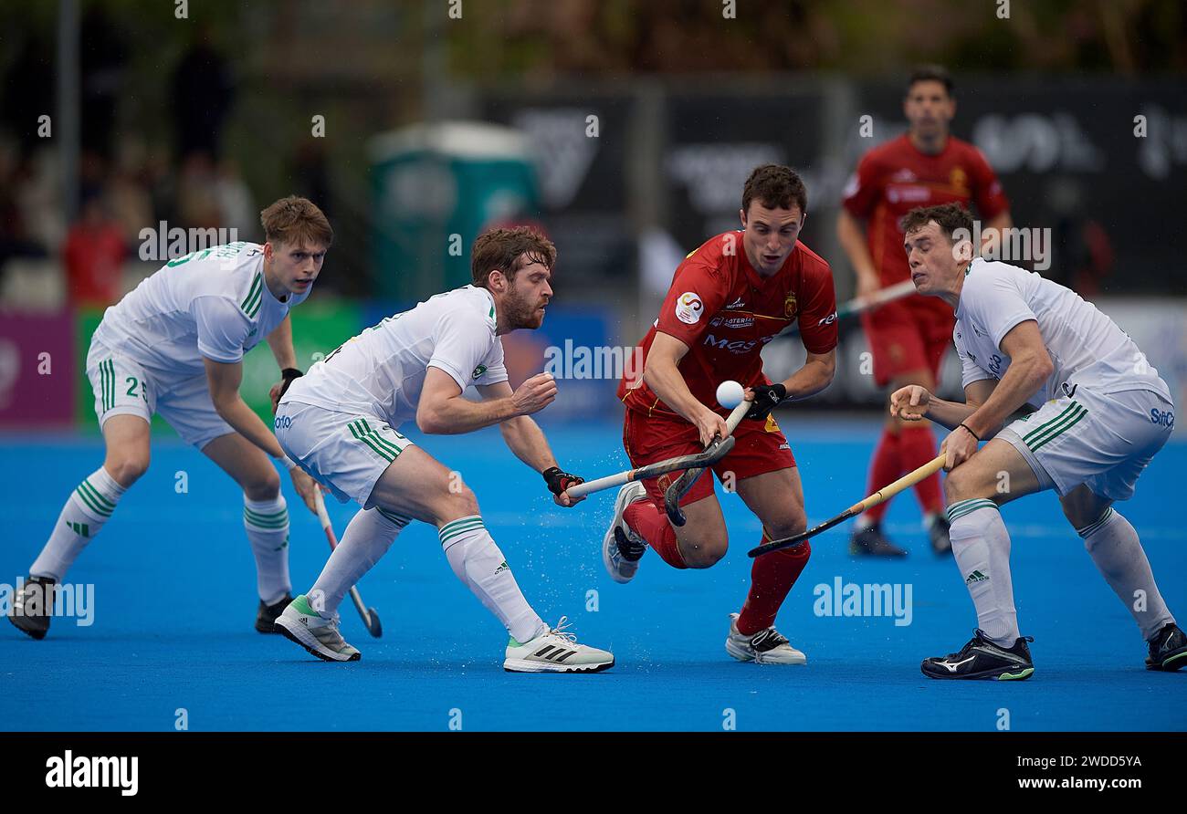 Valencia. 19th Jan, 2024. Gerard Clapes (2nd R) of Spain competes during the Men's Hockey Olympic qualifier 2024 match between Spain and Ireland in Valencia, Spain, on Jan.19, 2024. Credit: Pablo Morano/Xinhua/Alamy Live News Stock Photo