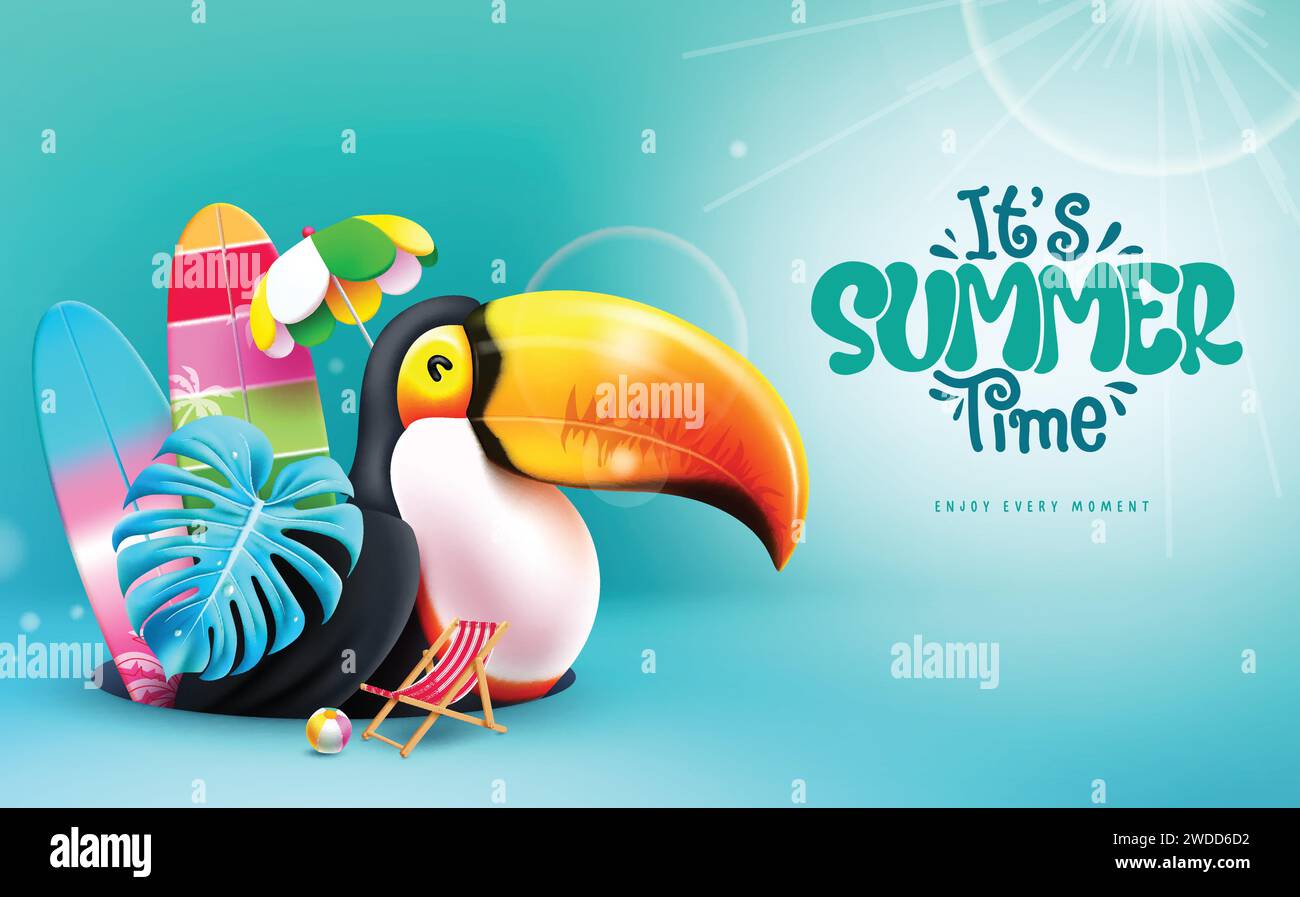 Summer time text vector design. It's summer time enjoy every moment text with toucan bird and surf board beach elements. Vector illustration summer Stock Vector