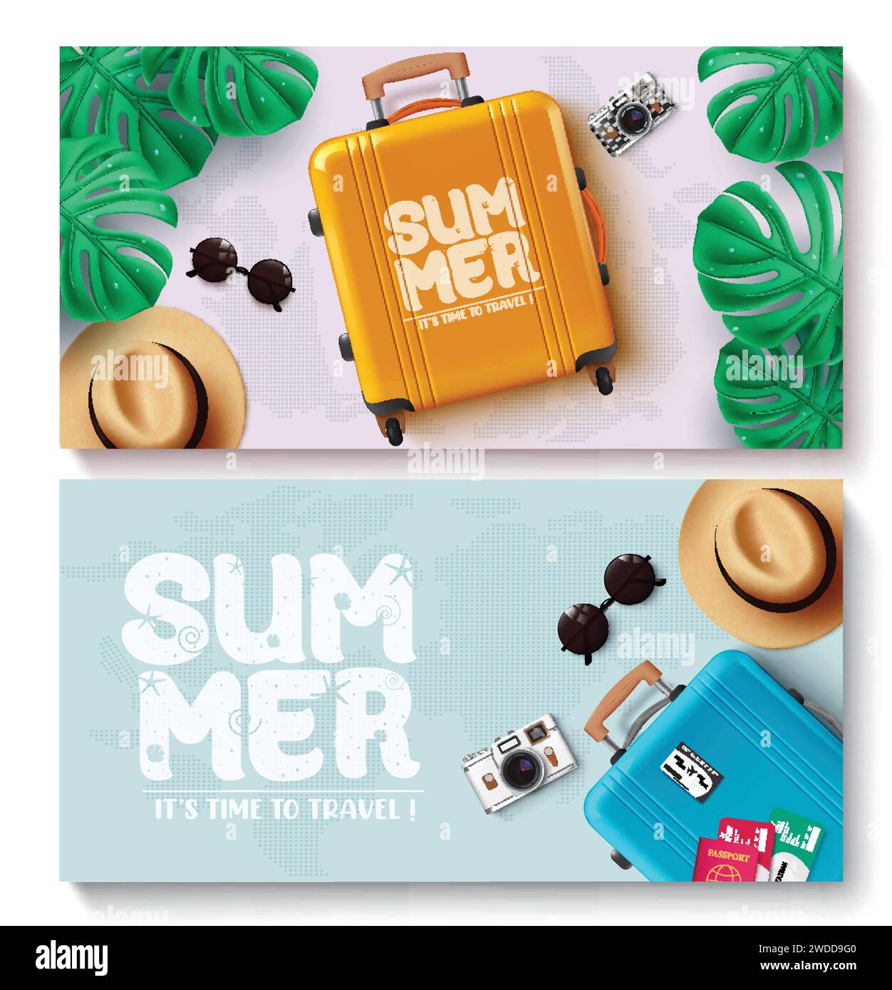 Summer travel vector banner set. Summer time to travel with luggage bag ...