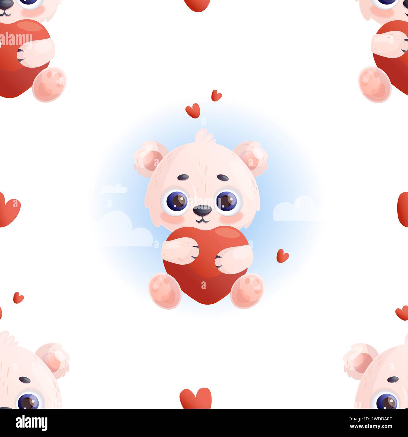Romantic Seamless pattern. Cute polar bear with hearts on white background. Vector illustration