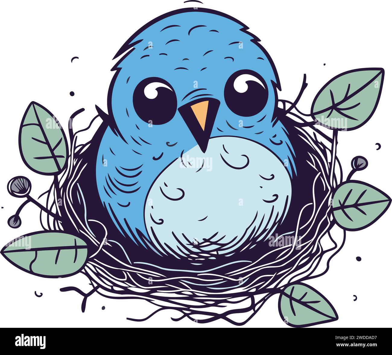 Cute blue bird in the nest. Hand drawn vector illustration. Stock Vector