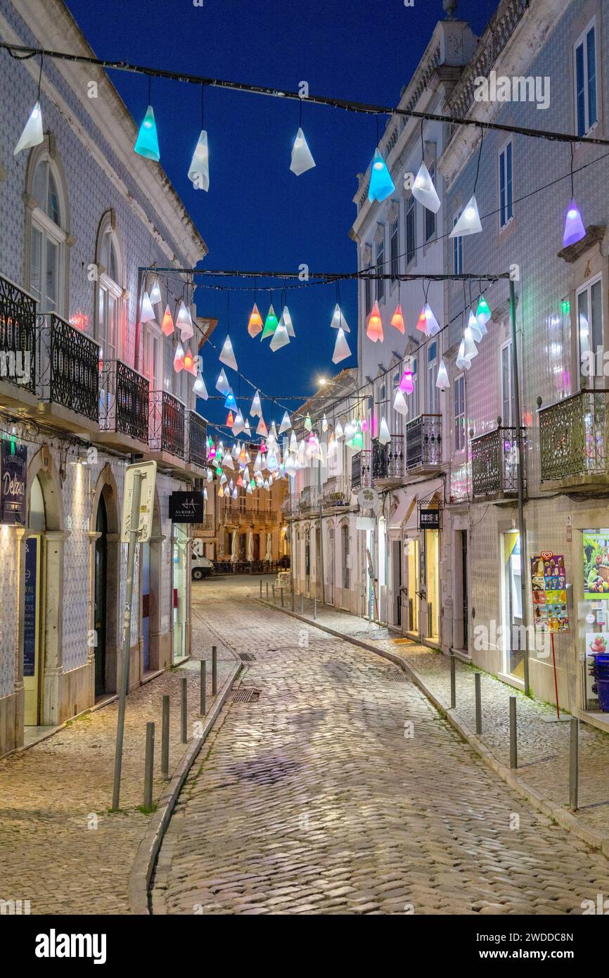 Decorative Lights In Tavira Portugal Street At Night Stock Photo