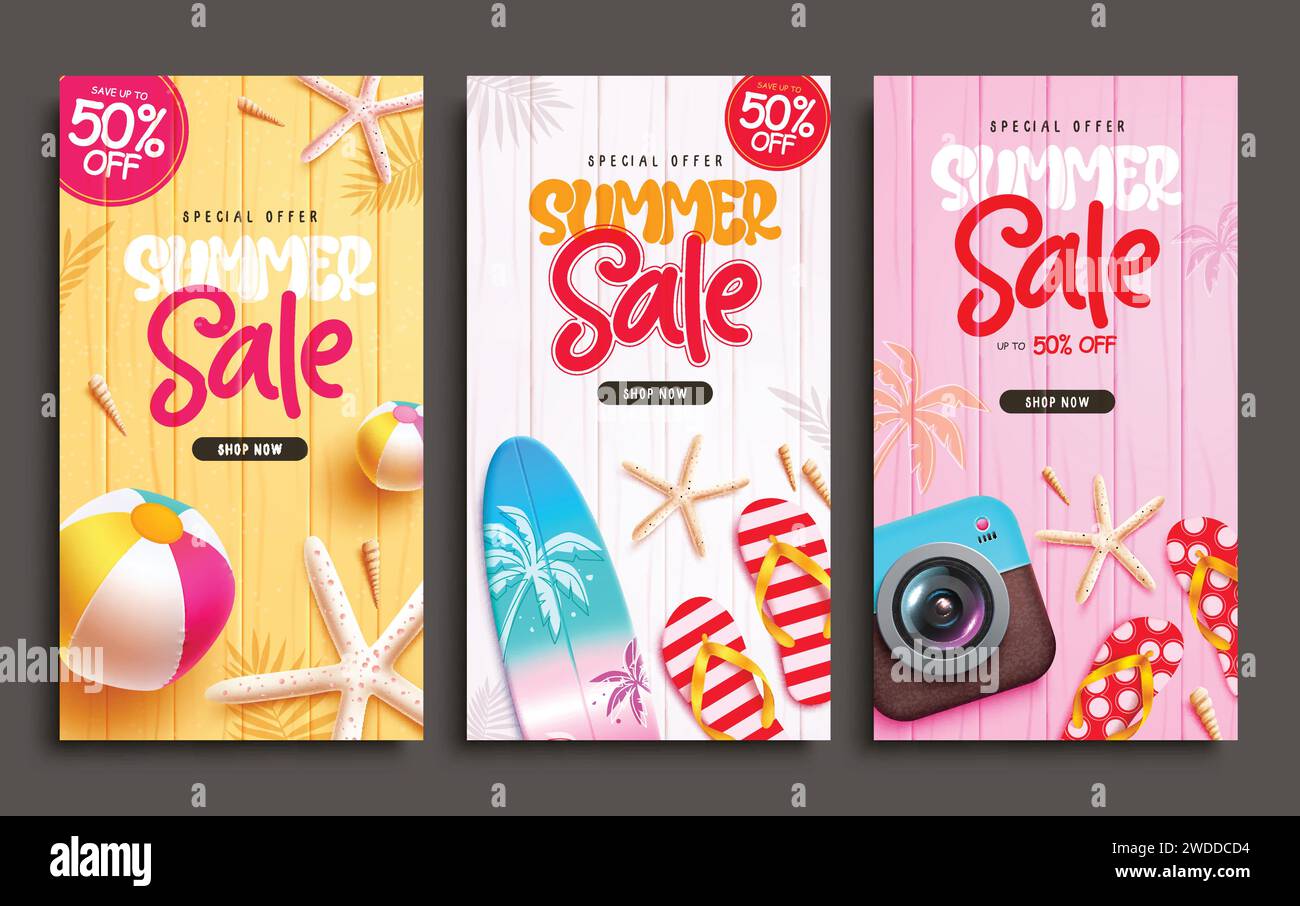 Summer sale text vector poster set. Summer sale special offer text with surfboard, beachball and starfish beach elements. Vector illustration summer Stock Vector