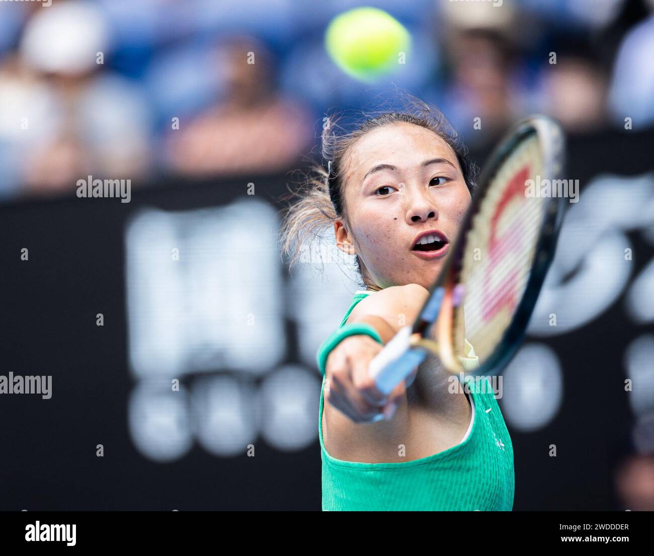 Melbourne, Australia. 20th Jan, 2024. Zheng Qinwen competes during the