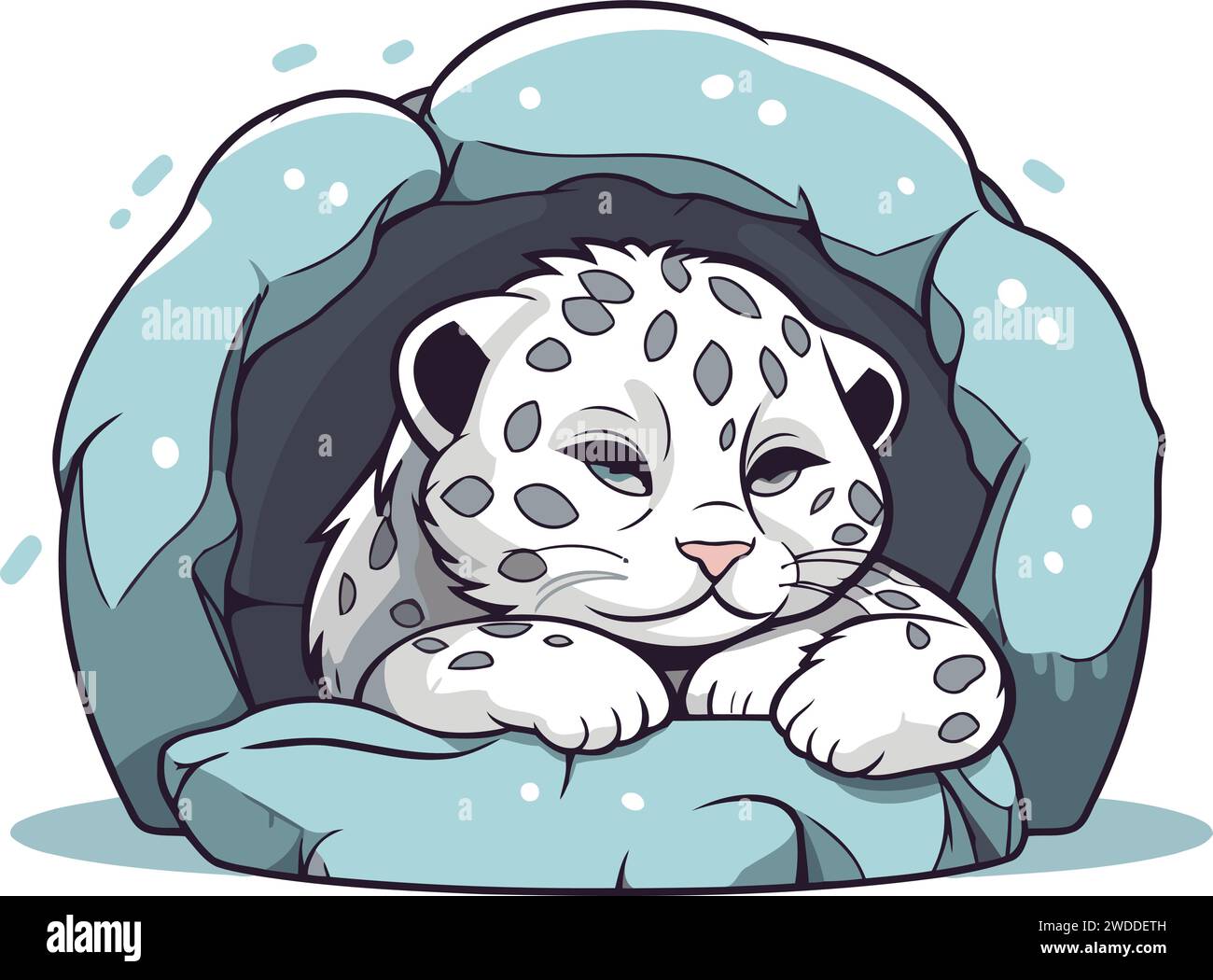Cute cartoon snow leopard sleeping in a cat house. Vector illustration. Stock Vector