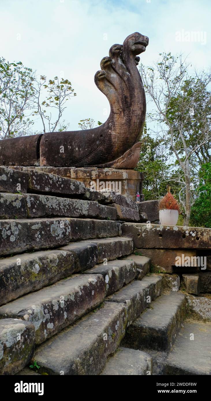 Preah Vihear in Cambodia is an ancient Hindu Temple built on the top of the mountain range bordering Cambodia and Thailand. Stock Photo