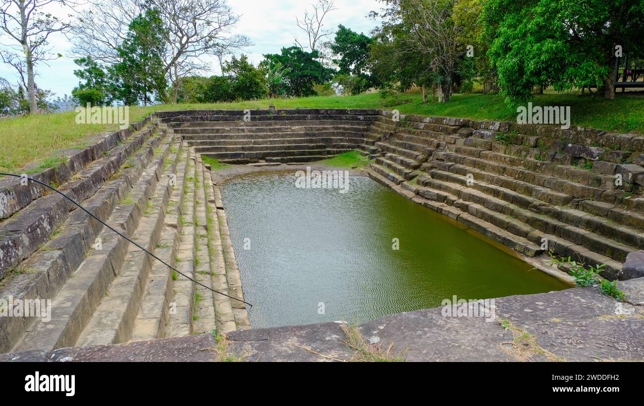 Sra Srong (Sacred Pond) at Preah Vihear in Cambodia, an ancient Hindu Temple built on the top of the mountain range bordering Cambodia and Thailand. Stock Photo