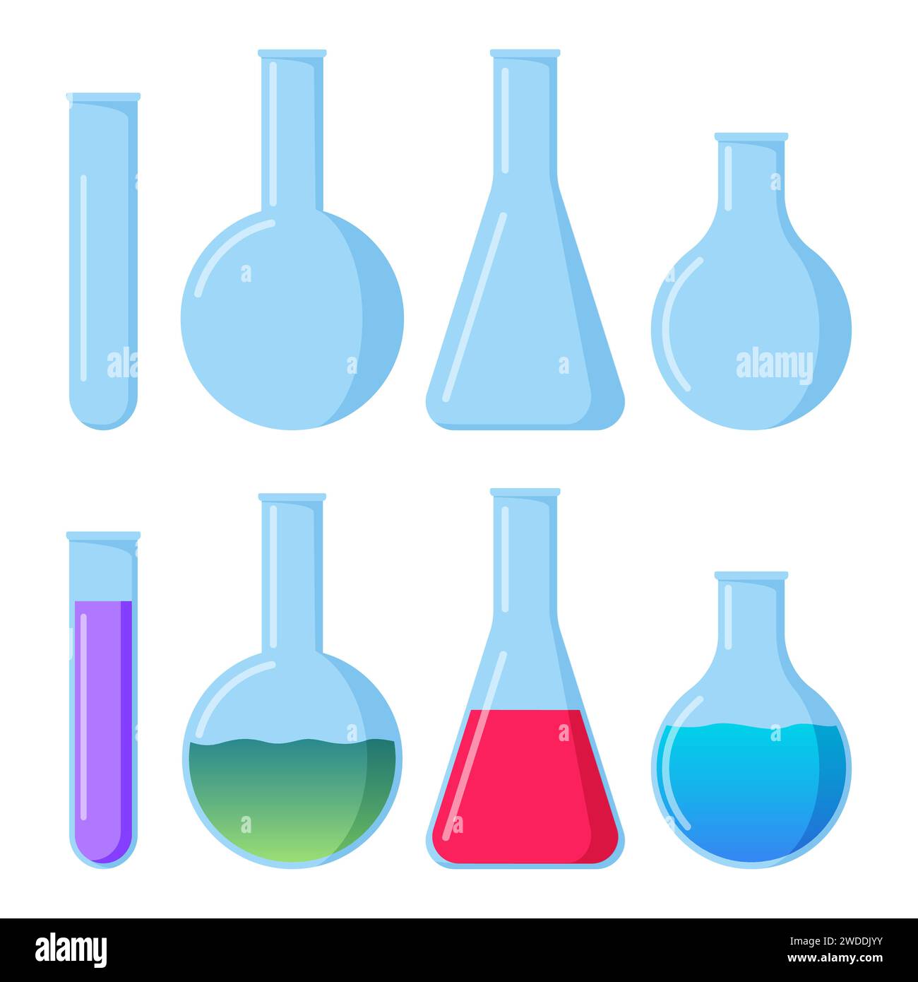 Transparent glassware with chemical reagents. Laboratory test tubes