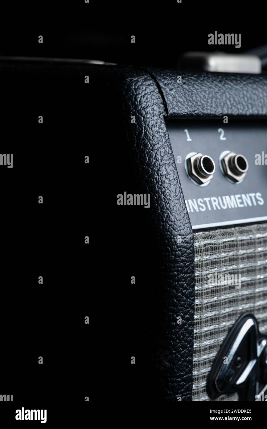 Detail of Guitar amplifier.controls, power, speaker Stock Photo Alamy