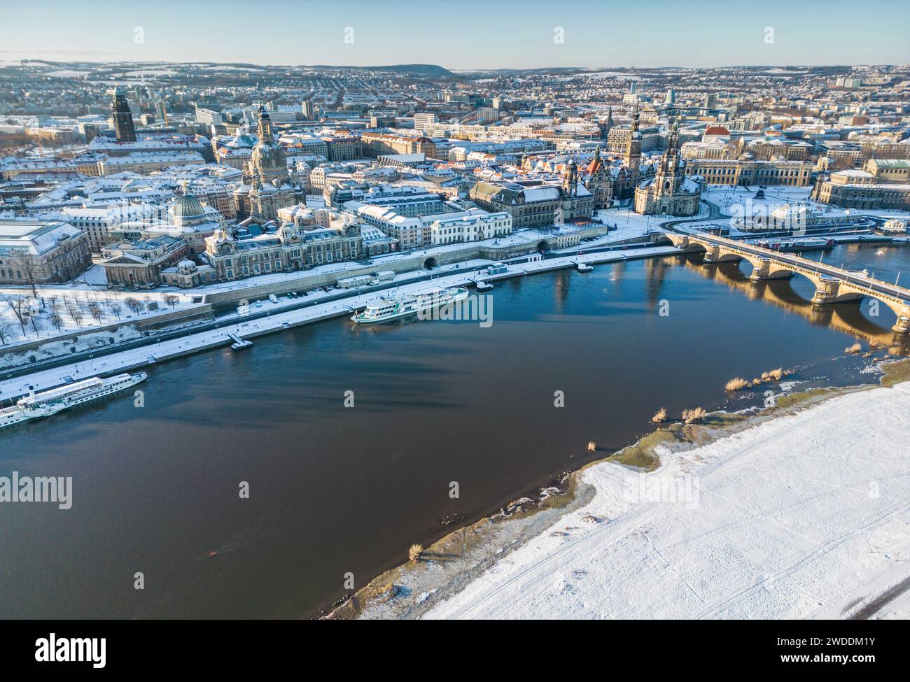 Dresden, Germany. 20th Jan, 2024. View of the snowcovered old town on