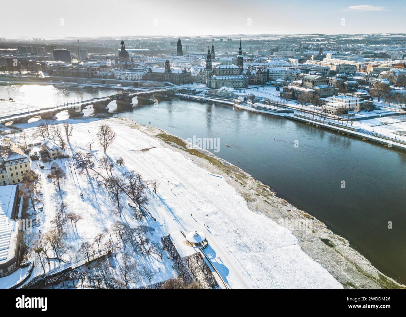 Dresden, Germany. 20th Jan, 2024. View of the snowcovered old town on