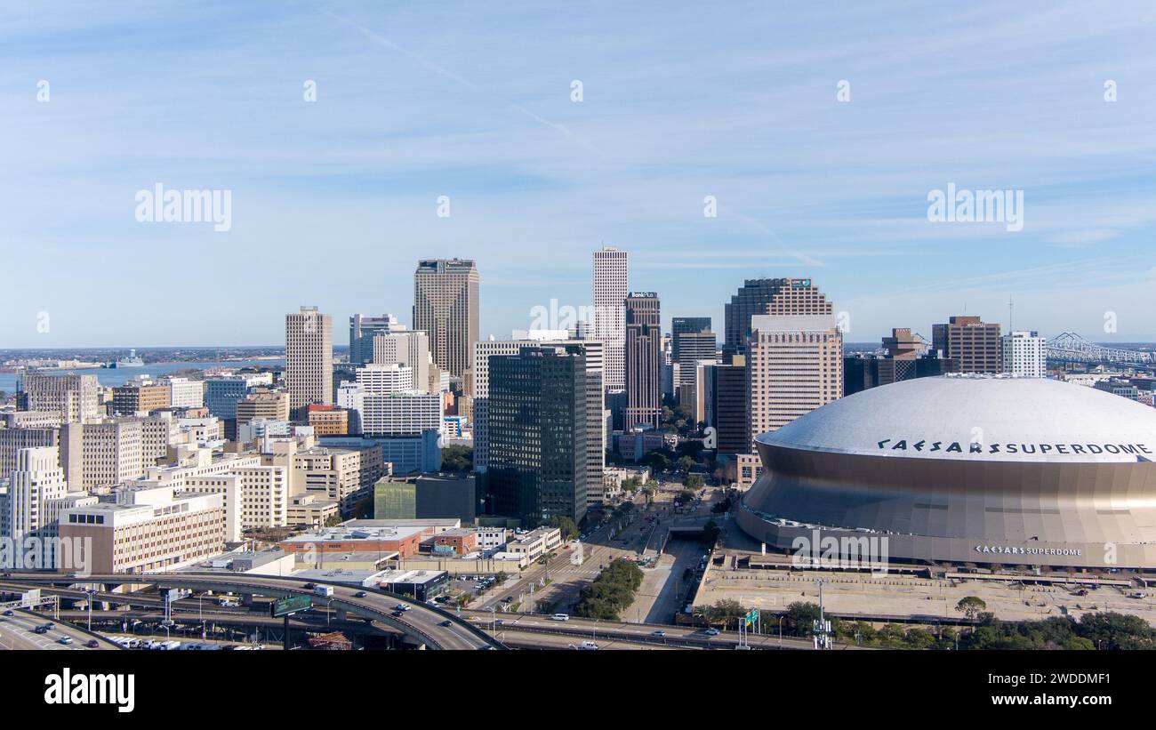 Aerial view of Downtown New Orleans, Louisiana and the Superdome on a sunny winter day Stock Photo
