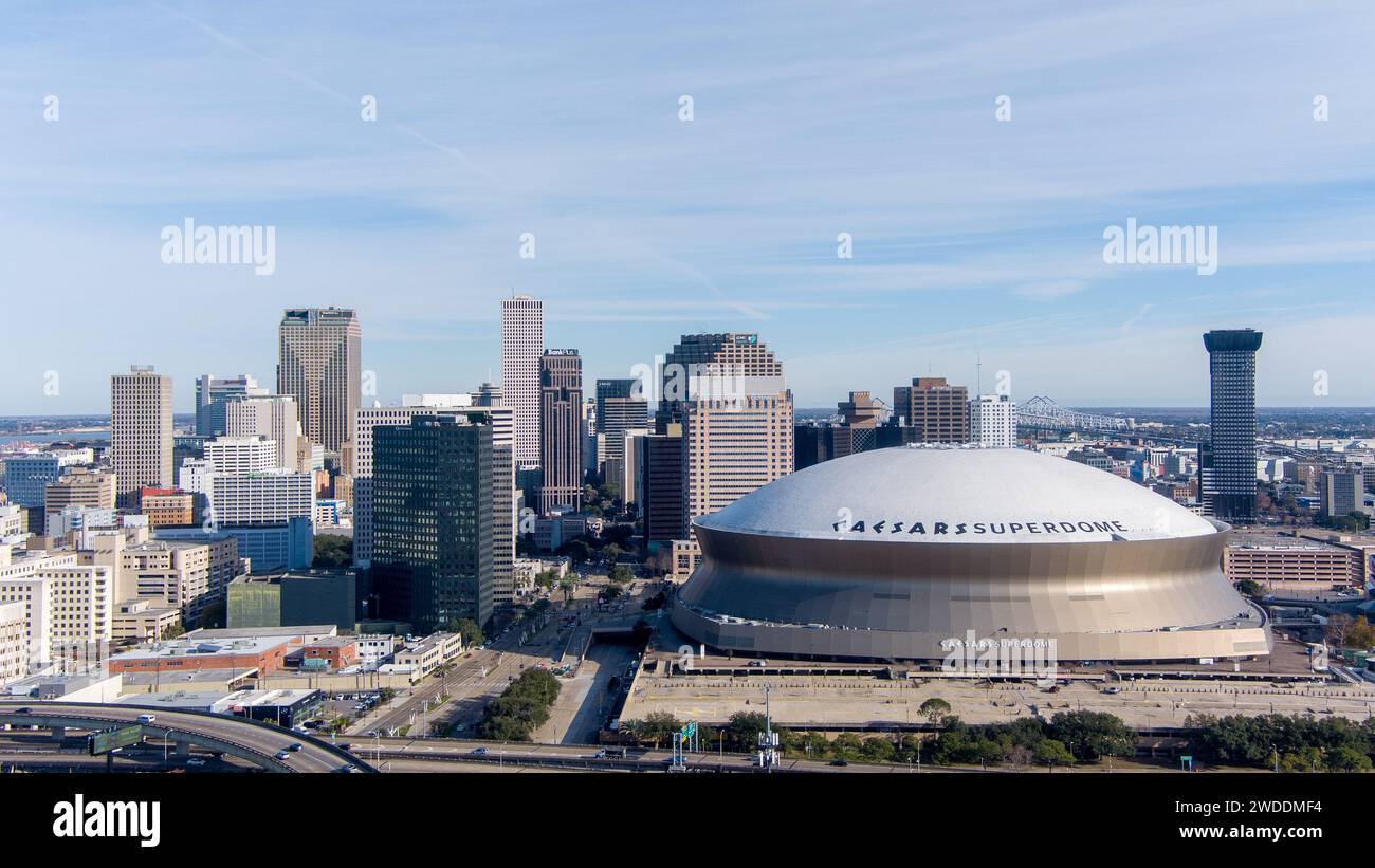 Aerial view of Downtown New Orleans, Louisiana and the Superdome on a sunny winter day Stock Photo
