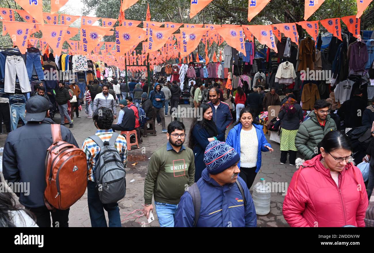 India. 19th Jan, 2024. NEW DELHI, INDIA - JANUARY 19: Janpath market decorated with saffron flags ahead of Shri Ram Lalla Idol Pran Pratishtha at Ayodhya Temple on January 19, 2024 in New Delhi, India. The consecration ceremony is to be held in the Ram temple in Ayodhya on 22nd January. There is a lot of enthusiasm among the people. The homes, markets and temples are decorated for the occasion. Devotees are organising Ramayana paths at temples all over the country. (Photo by Sonu Mehta/Hindustan Times/Sipa USA) Credit: Sipa USA/Alamy Live News Stock Photo