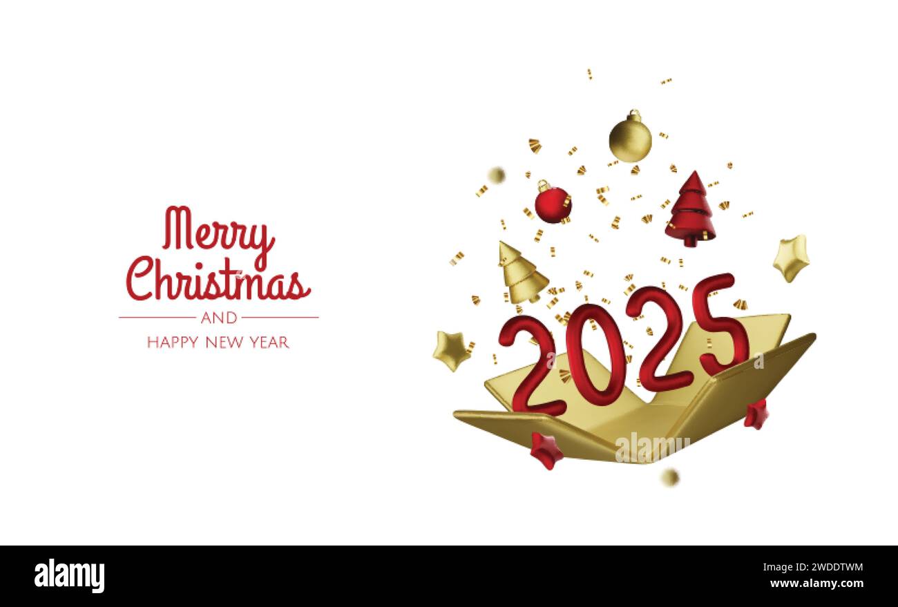 2025 Happy New Year. Realistic gift box Golden metal number. 3d render