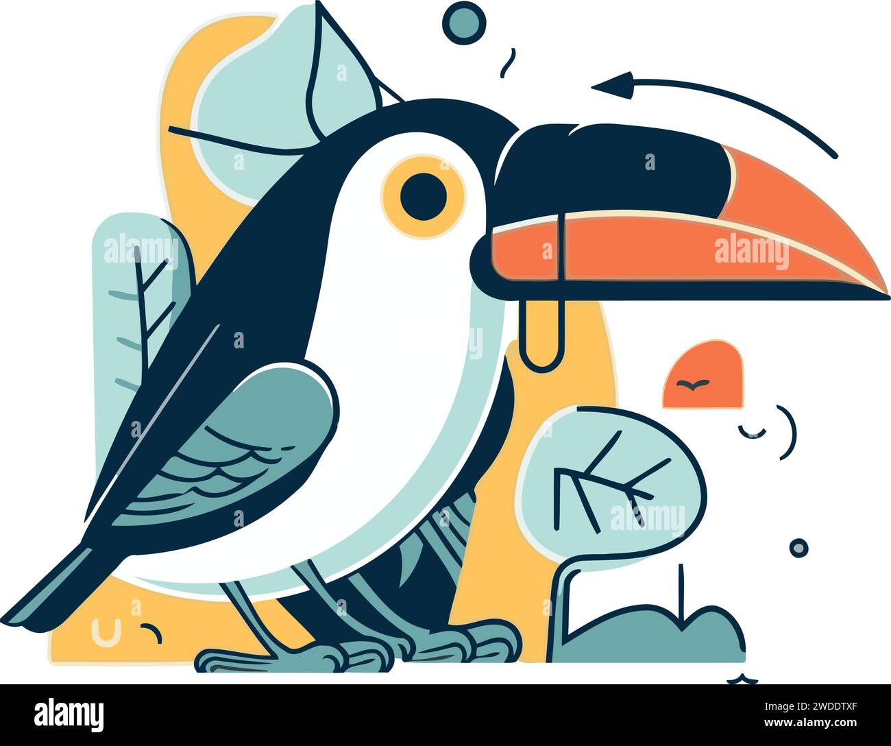 Cute cartoon toucan bird. Vector illustration in flat linear style. Stock Vector