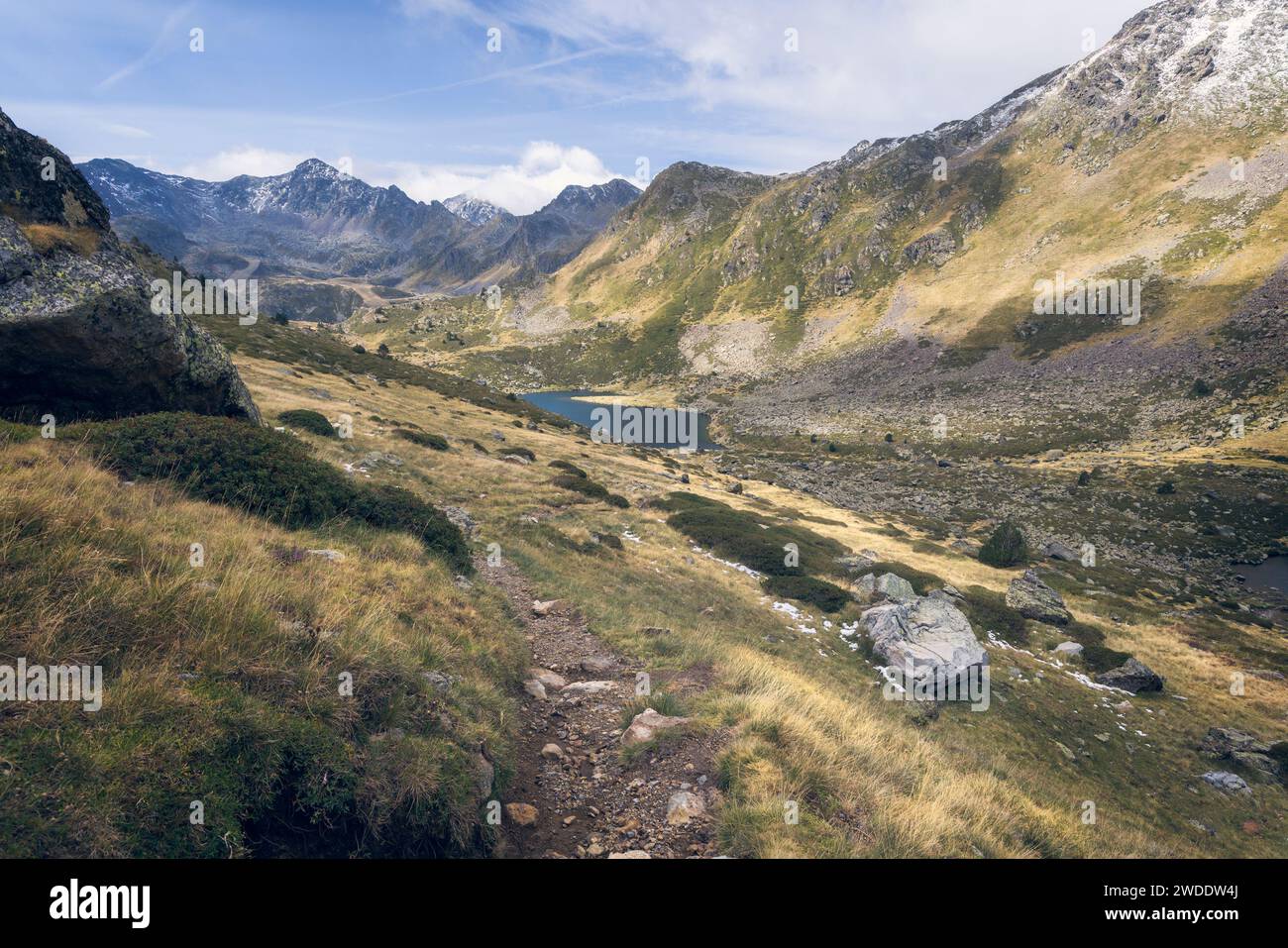 Valley Surrounding Tristania Lakes in Andorra Stock Photo