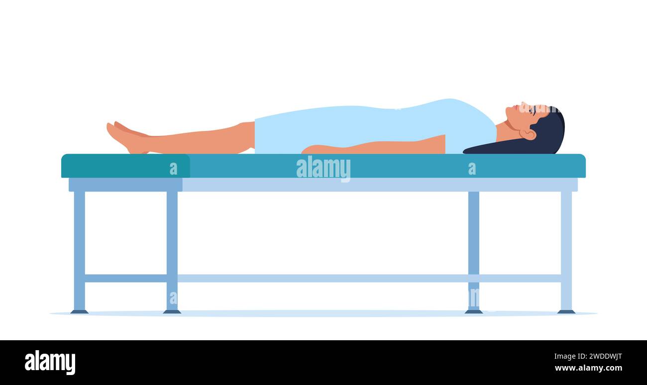 Patient lying on medical gurney. Hospital medical treatment. Patient