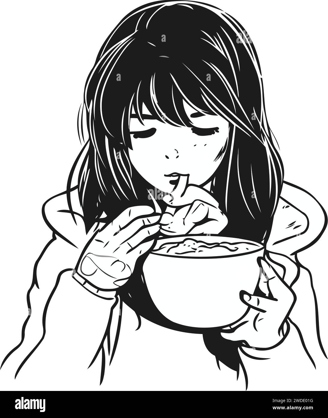 Illustration of a cute girl eating instant noodle in a bowl Stock Vector