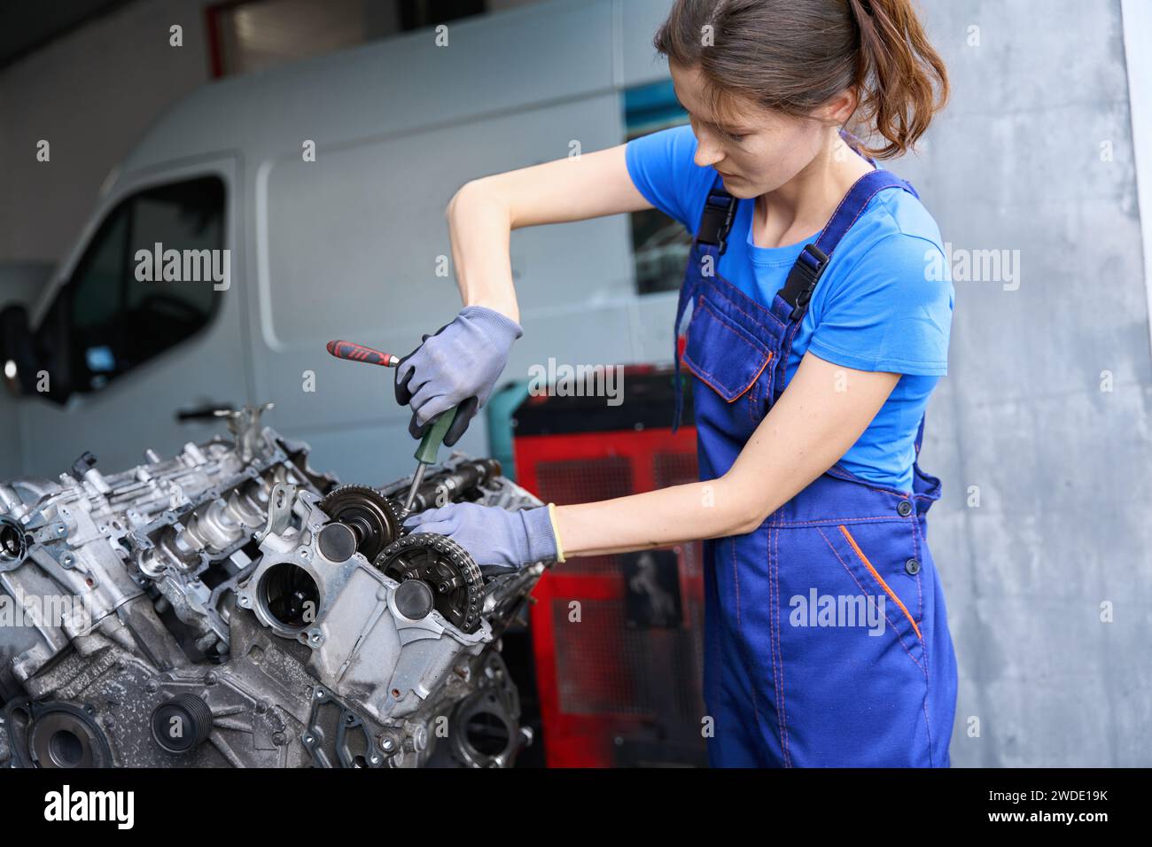 Young auto mechanic repairs the engine of a modern car Stock Photo Alamy