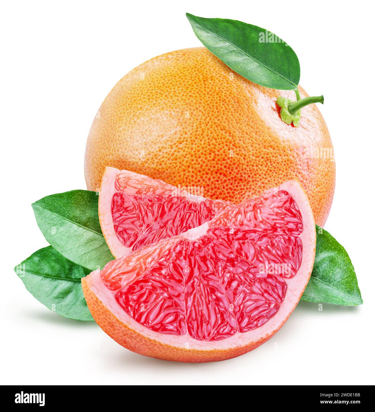 Grapefruit with green leaf and grapefruit slices on white background. Stock Photo