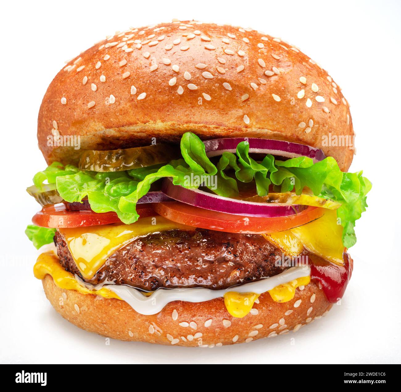Appetizing cheeseburger or hamburger close up on white background. Stock Photo