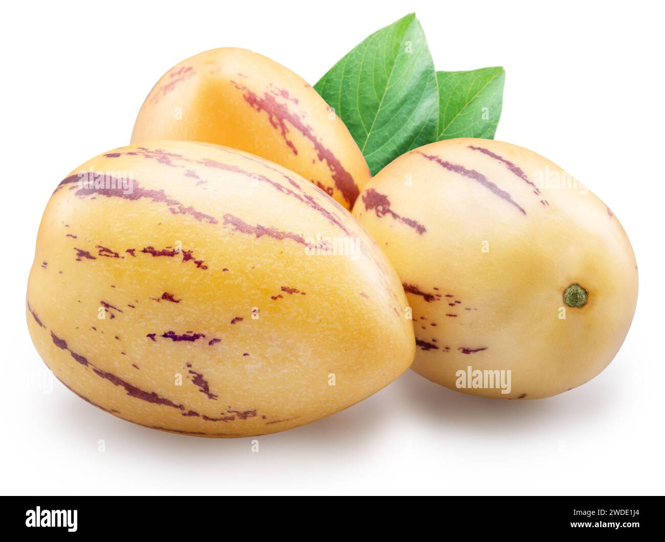 Pepino melons or pepino dulce with leaves on white background. File contains clipping path. Stock Photo