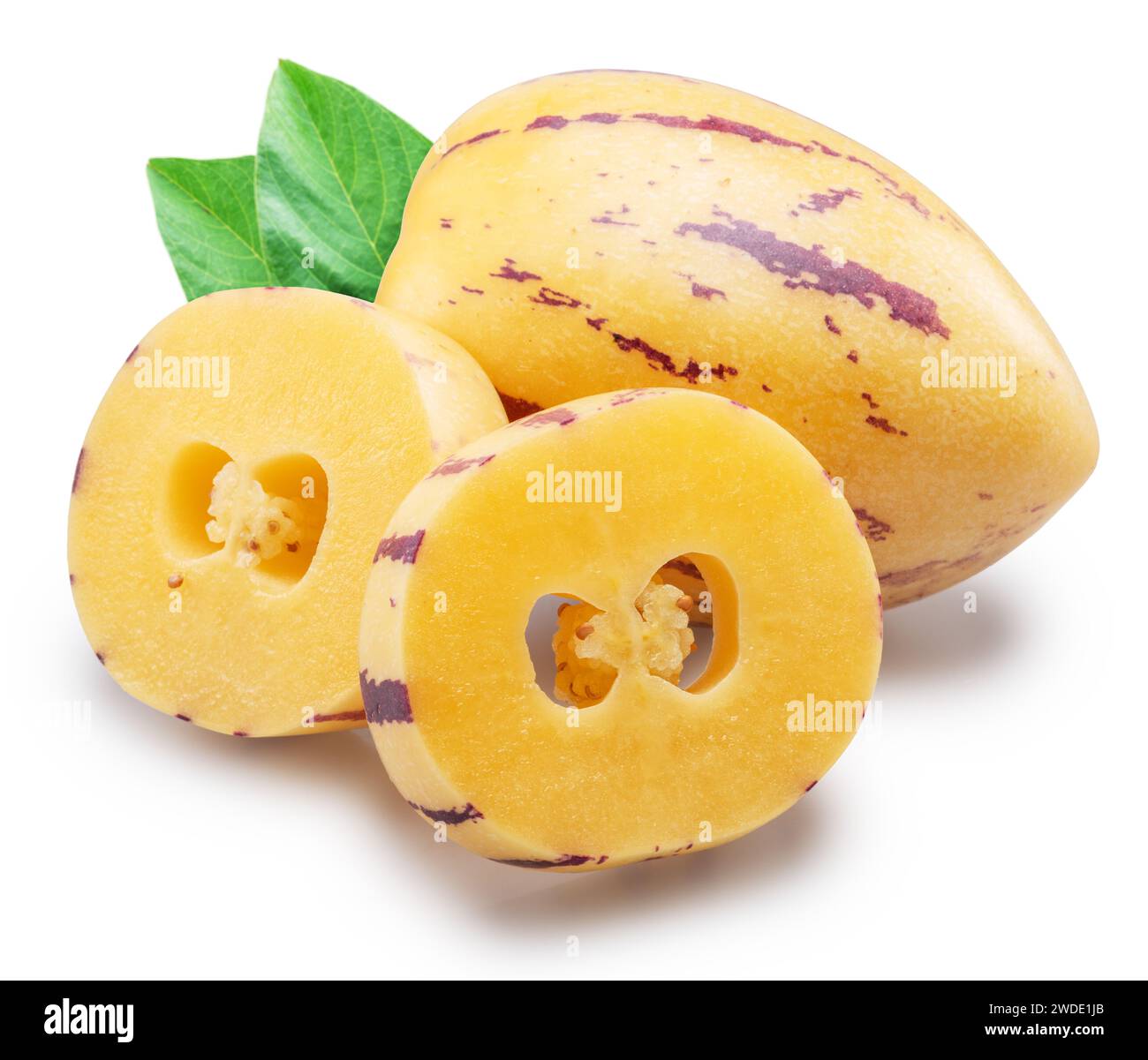 Pepino melon or pepino dulce and sliced fruit isolated on white background. File contains clipping paths. Stock Photo
