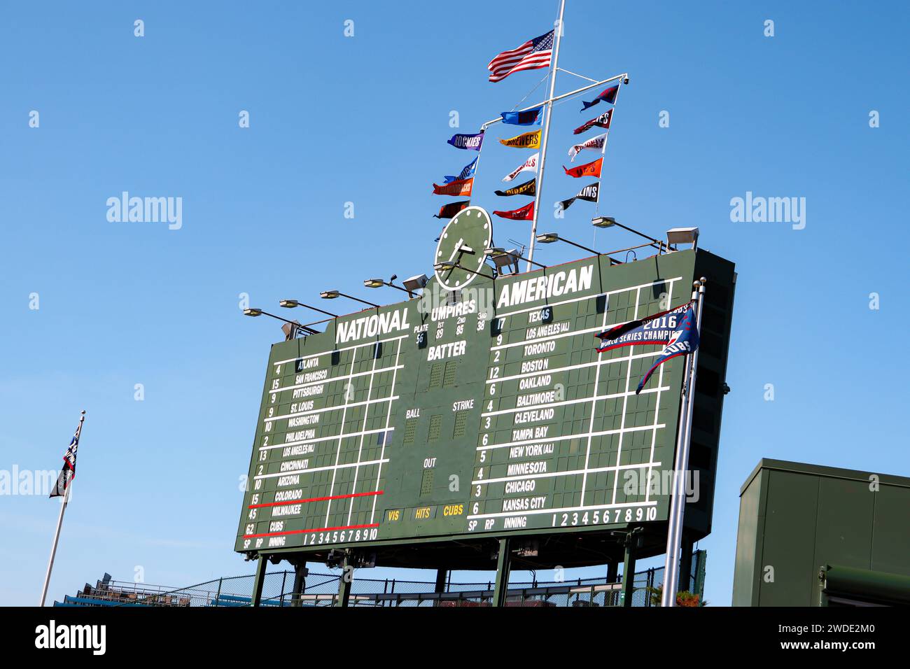 Wrigley Field electric mechanical scoreboard, home to the Chicago Cubs, an American professional baseball team competing in Major League Baseball Stock Photo