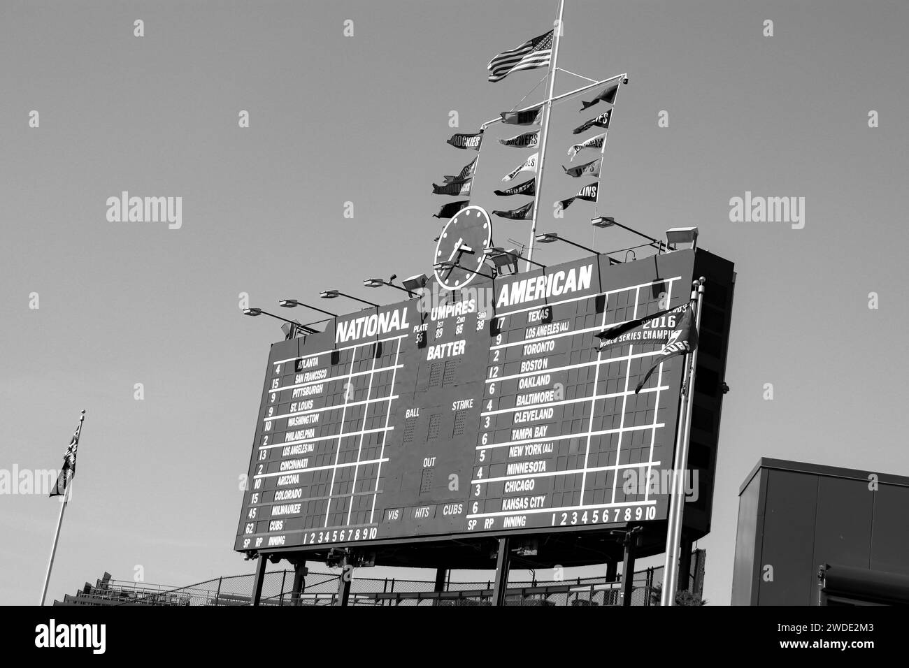 Wrigley Field electric mechanical scoreboard, home to the Chicago Cubs, an American professional baseball team competing in Major League Baseball Stock Photo